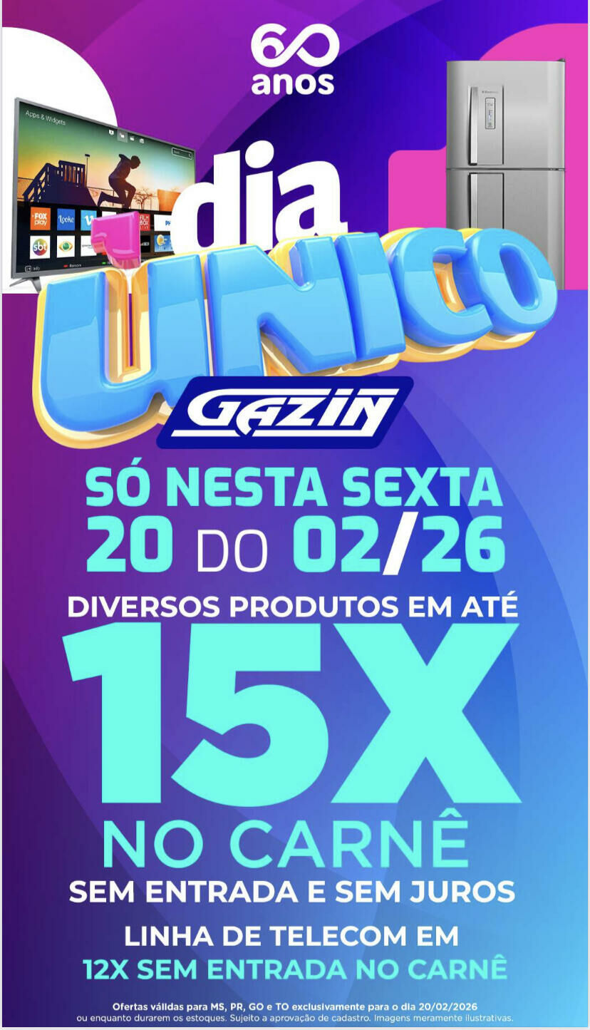 Imagem de compartilhamento para o artigo Gazin celebra 60 anos com “Dia Único” de ofertas e parcelamento em até 15 vezes nesta sexta-feira da MS Todo dia